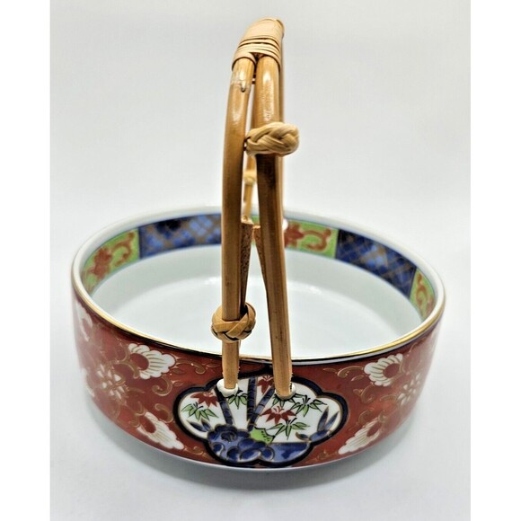 Vintage Takahashi Bowl Dish Bamboo Handles Japan Asian Ceramic Red Blue Floral - Picture 5 of 12